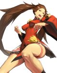 1girl breasts brown_eyes brown_hair china_dress chinese_clothes clenched_hands cowboy_shot dress fighting_stance from_below guilty_gear guilty_gear_xrd hair_ornament hair_ring hairclip highres impossible_clothes impossible_dress kuradoberi_jam long_hair medium_breasts miniskirt open_mouth red_dress skirt solo thigh_strap twintails very_long_hair white_background wide_sleeves zaki_(narashigeo)