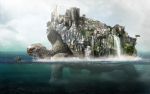  animal battlement bird castle cliff clouds cloudy_sky cold-tommy-gin day fantasy highres horizon ocean ocean_bottom original outdoors oversized_animal partially_underwater_shot sail ship signature sky steeple tower town tree turtle walking water watercraft waterfall 