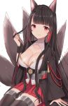  1girl akagi_(azur_lane) animal_ears azur_lane bangs black_hair black_kimono black_legwear blunt_bangs blush breasts cleavage closed_mouth collarbone eyebrows_visible_through_hair fox_ears fox_tail hakama_skirt highres izumo_neru japanese_clothes kimono kitsune large_breasts legs_together long_hair looking_at_viewer miniskirt multiple_tails open_clothes open_kimono pleated_skirt red_eyes red_skirt simple_background sitting skirt smile solo tail thigh-highs very_long_hair white_background wide_sleeves 