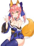  1girl animal_ears bare_shoulders blue_legwear breasts cleavage detached_sleeves fang fate/extra fate_(series) fox_ears fox_shadow_puppet fox_tail highres japanese_clothes long_hair looking_at_viewer noboru_(kamine204136) open_mouth pink_hair simple_background solo tail tamamo_(fate)_(all) tamamo_no_mae_(fate) thigh-highs white_background yellow_eyes 