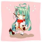  1girl absurdly_long_hair ahoge akashi_(azur_lane) azur_lane bell bell_choker bow box chibi choker commentary_request food full_body green_hair hair_bow hair_ornament hair_ribbon hairpin heart_ahoge highres holding kamakura_(abcd-1111-58) long_hair looking_at_viewer low-tied_long_hair mouth_hold pocky pocky_day ribbon ribbon_choker simple_background sleeves_past_wrists solo very_long_hair yellow_eyes 