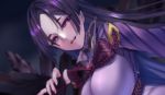  1girl breasts close-up fate/grand_order fate_(series) huge_breasts long_hair minamoto_no_raikou_(fate/grand_order) pink_eyes purple_hair smile solo very_long_hair 
