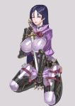  1girl absurdres black_hair blue_eyes bodysuit breasts erect_nipples fate/grand_order fate_(series) highres holding holding_sword holding_weapon huge_breasts long_hair minamoto_no_raikou_(fate/grand_order) purple_bodysuit seiza sitting smile solo sword very_long_hair weapon 