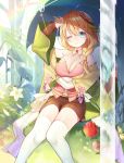  1girl apple bird blonde_hair blue_eyes blush braid breasts cleavage closed_mouth day eyebrows_visible_through_hair flower food fruit hair_ornament highres ion_(on01e) large_breasts long_hair looking_at_viewer original outdoors sitting smile solo thigh-highs water_drop white_legwear 