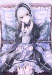  1girl black_wings blush closed_mouth colored_pencil_(medium) darkkanan detached_collar doll_joints dress eyebrows_visible_through_hair frills hairband head_tilt highres lolita_hairband long_hair looking_at_viewer object_hug red_eyes rozen_maiden silver_hair sitting solo stuffed_animal stuffed_bunny stuffed_toy suigintou suitcase tears traditional_media watercolor_(medium) wavy_mouth wings 