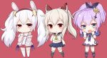  3girls :d animal_ears ayanami_(azur_lane) azur_lane black_legwear blue_eyes chibi commentary_request crown curly_hair fake_animal_ears hair_ornament hair_ribbon hairband hairpin hood hooded_jacket jacket javelin_(azur_lane) kneehighs laffey_(azur_lane) long_hair looking_at_viewer michiyon mini_crown multiple_girls navel open_mouth orange_eyes pleated_skirt ponytail purple_hair red_eyes ribbon school_uniform serafuku silver_hair simple_background skirt smile thigh-highs twintails white_hair white_legwear zettai_ryouiki 