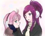  2girls blue_eyes earmuffs gloves green_eyes jacket long_bangs ma_delta4 macross macross_7 macross_delta maroon_hair mirage_farina_jenius multiple_girls mylene_jenius pink_hair 