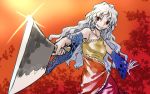  1girl detached_sleeves grey_hair grin hatchet long_hair looking_at_viewer meimaru_inuchiyo orange_background pointing_weapon red_eyes sakata_nemuno smile solo teeth touhou wavy_hair white_hair 