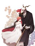  1boy 1girl animal_skull artist_name black_pants cane dress ellias_ainsworth flower green_eyes hair_between_eyes hand_on_another&#039;s_shoudler hatori_chise highres horns jewelry mahou_tsukai_no_yome necklace pants redhead schally+ short_hair standing vest white_dress 