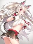  1girl animal_ears ass azur_lane braid breasts claw_pose commentary_request fake_animal_ears fangs fingerless_gloves frilled_skirt frills gloves highres kon_(k0n16) long_hair looking_at_viewer midriff nail_polish one_side_up open_mouth paw_hair_ornament pleated_skirt red_eyes school_uniform serafuku silver_hair single_braid skirt solo tail tattoo under_boob wolf_tail yuudachi_(kantai_collection) 