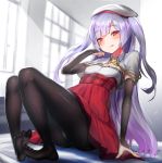  1girl ajax_(azur_lane) arm_support arm_warmers azur_lane bangs beret black_legwear blush breasts capelet closed_mouth commentary_request eyebrows_visible_through_hair feet fingernails full_body hand_up hat head_tilt high-waist_skirt indoors licking_lips long_hair looking_at_viewer no_shoes panties panties_under_pantyhose pantyhose plaid purple_hair reclining red_eyes red_skirt skirt small_breasts smile solo sunlight thighband_pantyhose toes tongue tongue_out two_side_up underwear unizou very_long_hair white_capelet white_hat window wing_collar 