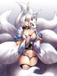  1girl animal_ears azur_lane blue_eyes blue_panties breast_hold breasts cleavage cleavage_cutout cowboy_shot fox_ears fox_mask fox_tail gradient gradient_background highres japanese_clothes kaga_(azur_lane) kyuubi large_breasts looking_at_viewer mask multiple_tails navel panties parted_lips ribbon_trim short_hair simple_background smile solo tail tassel thigh-highs underwear white_hair white_legwear wide_sleeves wristband yin-ting_tian 