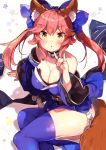  1girl :o \m/ animal_ears arm_support bare_shoulders blue_kimono blue_legwear blush breast_squeeze breasts choker cleavage collarbone eyebrows_visible_through_hair fate/extra fate/grand_order fate_(series) feet_out_of_frame fox_ears fox_tail japanese_clothes kibii_mocha kimono large_breasts layered_clothing layered_kimono leaning_to_the_side legs_folded long_hair looking_at_viewer obi off_shoulder pink_hair sash short_kimono shoulderless simple_background sitting skindentation solo star tail tamamo_(fate)_(all) tamamo_no_mae_(fate) tassel thigh-highs thighs tsurime yellow_eyes 