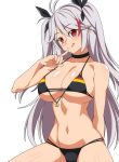  1girl :q azur_lane bangs bikini black_bikini blush breasts choker closed_mouth groin hair_ribbon large_breasts long_hair looking_at_viewer multicolored_hair navel prinz_eugen_(azur_lane) ra-pen red_eyes redhead ribbon silver_hair simple_background solo stomach streaked_hair swimsuit tongue tongue_out two_side_up very_long_hair white_background 