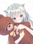  1girl :&lt; animal_ears bangs blue_eyes blush cat_ears closed_mouth dutch_angle eyebrows_visible_through_hair hamaru_(s5625t) long_hair looking_at_viewer object_hug original silver_hair simple_background solo stuffed_animal stuffed_toy teddy_bear tsurime upper_body white_background 