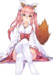 1girl animal_ears blush breasts fate/extra fate/grand_order fate_(series) fox_ears fox_tail hair_ornament hair_ribbon highres japanese_clothes legs_crossed long_hair long_sleeves looking_at_viewer medium_breasts miko nontraditional_miko open_mouth pink_hair red_skirt ribbon ribbon-trimmed_sleeves ribbon_trim sitting skirt solo tail tamamo_(fate)_(all) tamamo_no_mae_(fate) thigh-highs white_legwear wide_sleeves xiao_feng yellow_eyes 