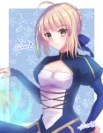  1girl ahoge artoria_pendragon_(all) blonde_hair blue_dress blue_ribbon braid breasts character_name closed_mouth dress eyebrows_visible_through_hair fate/stay_night fate_(series) hair_ribbon hand_on_hip highres juliet_sleeves long_sleeves looking_at_viewer medium_breasts puffy_sleeves ribbon saber signature smile solo tanaji upper_body 