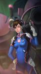  1girl animal_print bodysuit breasts brown_eyes brown_hair bunny_print commentary cowboy_shot d.va_(overwatch) facepaint facial_mark gloves gun hand_on_hip holding holding_gun holding_weapon light_smile long_hair looking_at_viewer medium_breasts meka_(overwatch) one_eye_closed overwatch pilot_suit ribbed_bodysuit solo standing weapon whisker_markings white_gloves yagaminoue 