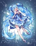  1girl absurdly_long_hair absurdres blue_eyes blue_hair detached_sleeves earrings full_body gloves hair_ornament hair_ribbon hatsune_miku highres jewelry long_hair looking_at_viewer maabeu open_mouth ribbon skirt smile snowflakes solo star star_earrings twintails very_long_hair vocaloid yuki_miku 