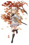  1girl :d autumn_leaves black_footwear blonde_hair boots closed_eyes facing_viewer full_body gloves hat high_heel_boots high_heels highres long_hair looking_at_viewer official_art open_mouth princess_(princess_principal) princess_principal princess_principal_game_of_mission smile solo standing standing_on_one_leg transparent_background white_gloves white_hat 