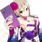  1girl armpit_peek bare_shoulders black_eyes border breasts cellphone cleavage closed_fan closed_mouth collar detached_sleeves eyebrows_visible_through_hair eyelashes fan floral_background floral_print flower folding_fan foreshortening hair_between_eyes hair_flower hair_ornament holding holding_fan holding_phone idolmaster idolmaster_cinderella_girls idolmaster_cinderella_girls_starlight_stage japanese_clothes kimono large_breasts logo nachisuke obi outstretched_arm paper_fan phone rose rose_print sash self_shot shiomi_shuuko short_hair silver_hair smartphone smartphone_case smile solo upper_body white_background white_collar white_kimono 