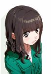 1girl bangs black_hair blunt_bangs blush close-up closed_mouth commentary_request eyebrows_visible_through_hair green_shirt grey_eyes kawai_makoto long_hair looking_at_viewer shiny shiny_hair shirt simple_background solo upper_body white_background 