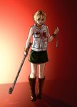  1girl artist_request blonde_hair boots breasts heather_mason jacket lead_pipe makeup miniskirt short_hair silent_hill silent_hill_3 skirt sleeveless sleeveless_turtleneck solo turtleneck vest weapon wristband 