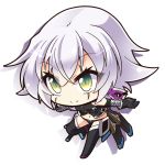  1girl assassin_of_black bikini bikini_bottom black_bikini black_legwear chibi commentary_request dagger dual_wielding fate/apocrypha fate_(series) green_eyes holding navel patch scar scar_across_eye shachoo. short_hair silver_hair simple_background smile solo swimsuit tattoo thigh-highs weapon white_background 