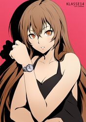  1girl bangs bare_arms bare_shoulders breasts brown_hair cleavage clenched_hand collarbone eyelashes fighting_stance hair_between_eyes hand_up lips long_hair looking_at_viewer medium_breasts orange_eyes original parted_lips pink_background sakiyamama simple_background sleeveless solo straight_hair tank_top tsurime upper_body very_long_hair watch watch 