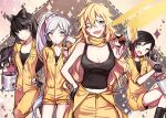  4girls artist_name blake_belladonna breasts cleavage coveralls ecru fingerless_gloves gloves large_breasts multiple_girls one_eye_closed open_clothes paint_can paintbrush ruby_rose rwby scar scar_across_eye tank_top weiss_schnee yang_xiao_long 