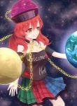  1girl bare_shoulders breasts chains cleavage collar earth_(ornament) grin hecatia_lapislazuli highres moon_(ornament) plaid plaid_skirt pleated_skirt polos_crown red_eyes redhead shirosama_(olheat) skirt smile solo touhou 