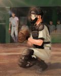  4boys absurdres arms_at_sides baseball baseball_cap baseball_glove baseball_uniform black_hair brown_eyes catcher dugout faceless faceless_male hat highres knee_pads lens_flare looking_to_the_side male_focus multiple_boys noasa ookiku_furikabutte sitting solo_focus sportswear standing sweat 