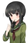  1girl black_hair blush braid brown_eyes commentary_request food highres kantai_collection kitakami_(kantai_collection) long_hair looking_at_viewer mouth_hold okitsugu pocky pocky_day revision school_uniform serafuku simple_background single_braid sketch smile solo white_background 
