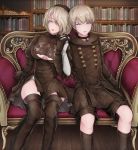  1boy 1girl akira_(aky-la) black_dress black_gloves black_hairband black_jacket black_legwear black_shorts blue_eyes bookshelf boots choker cleavage_cutout double-breasted dress feather-trimmed_sleeves gloves hairband hand_holding highres jacket leotard mole mole_under_mouth nier_(series) nier_automata no_blindfold patterned_clothing short_hair shorts silver_hair sitting thigh-highs thigh_boots white_gloves white_leotard yorha_no._2_type_b yorha_no._9_type_s 