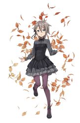  1girl ange_(princess_principal) autumn_leaves black_footwear black_skirt blue_eyes braid full_body grey_hair highres looking_at_viewer official_art princess_principal princess_principal_game_of_mission shoes short_hair skirt solo standing standing_on_one_leg striped striped_legwear transparent_background vertical-striped_legwear vertical_stripes 