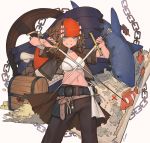  1girl belt blue_eyes blush breasts brown_hair clownfish dual_wielding fish holding holding_sword holding_weapon lanzi_(415460661) looking_at_viewer map medium_breasts midriff navel original parted_lips pirate shark short_hair sketch smile solo sword teeth treasure_chest weapon 