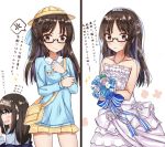  2girls absurdres angry artist_request bag before_and_after bespectacled black_eyes black_hair blush collarbone dress glasses hat headband highres idolmaster idolmaster_cinderella_girls jewelry kindergarten_uniform long_hair looking_at_viewer multiple_girls necklace sagisawa_fumika school_hat tachibana_arisu tiara translation_request wedding_dress white_background 