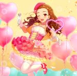  1girl :d amewarashi-1 balloon beret blush bodice bow bracelet braid brown_eyes brown_hair cherry_blossoms collarbone confetti dot_nose dress earrings eyelashes flower flower_earrings flower_necklace forehead gloves glowing hat hat_ribbon heart heart_balloon high_heels highres holding holding_microphone idolmaster idolmaster_cinderella_girls idolmaster_cinderella_girls_starlight_stage jacket jewelry lace lace-trimmed_gloves lace-trimmed_legwear lace-trimmed_skirt lace_trim layered_skirt leaning_back leg_up light_particles lipstick long_hair looking_at_viewer makeup medium_skirt microphone multiple_necklaces necklace one_eye_closed open_mouth pearl pink_hat pink_ribbon pink_skirt pleated_skirt pointing pointing_at_viewer red_footwear ribbon round_teeth seki_hiromi skirt smile solo sparkle standing standing_on_one_leg teeth thigh-highs upper_body wavy_hair white_gloves white_legwear yellow_background yellow_bow yellow_jacket yellow_skirt zettai_ryouiki 