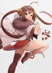  1girl :o ahoge anchor_hair_ornament animal anklet azur_lane bangs brown_eyes brown_hair china_dress chinese_clothes commentary_request dress eyebrows_visible_through_hair floating_hair from_behind fur-trimmed_jacket fur_trim grey_background grey_footwear hair_ornament hairband hairpods highres jacket jewelry knee_up long_hair long_sleeves looking_at_viewer looking_back open_clothes open_jacket open_mouth outstretched_arm outstretched_arms panda panties pelvic_curtain ping_hai_(azur_lane) red_dress shoes sidelocks simple_background single_thighhigh solo spread_arms standing standing_on_one_leg teeth thigh-highs thighs twintails underwear upper_teeth v-shaped_eyebrows very_long_hair white_hairband white_jacket white_panties yuko_(uc_yuk) 