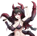  1girl :d absurdres arm_up armpits bangs bikini bikini_top black_bikini black_bikini_top black_hair breasts broodmother cleavage collarbone defense_of_the_ancients dota_2 eyebrows_visible_through_hair fang gradient_hair greem_bang hair_between_eyes hand_up highres holding holding_weapon hood_up large_breasts long_hair looking_at_viewer monster_girl multicolored_hair navel open_mouth personification purple_hair red_eyes redhead sidelocks simple_background smile solo spider_legs swimsuit upper_body v-shaped_eyebrows weapon whip white_background 