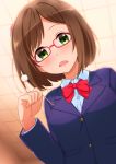  1girl bangs blazer blue_blazer blue_shirt blush bob_cut bow bowtie breasts brown_hair buttons ceiling collared_shirt commentary_request dot_nose dress_shirt eyebrows_visible_through_hair fang glasses green_eyes hair_ornament head_tilt holding idolmaster idolmaster_cinderella_girls indoors jacket kisuna leaning_forward looking_at_viewer looking_down maekawa_miku medium_breasts mimikaki open_mouth pink-framed_eyewear pov red_bow red_neckwear shirt short_hair solo swept_bangs upper_body 