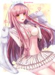  1girl :3 :d bangs blush breasts cape cleavage_cutout crown elbow_gloves eyebrows_visible_through_hair fate/grand_order fate_(series) frilled_skirt frills fur_trim gloves heart highres layered_skirt long_hair looking_at_viewer medb_(fate/grand_order) medium_breasts navel open_mouth pleated_skirt sitting skirt smile solo tanaji twitter_username white_gloves white_skirt yellow_eyes 