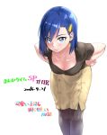  1girl bangs black_legwear blue_eyes blue_hair blush breasts cleavage commentary earrings hair_ornament hairclip highres ira_megumi jewelry kawaii_joushi_o_komarasetai looking_at_viewer pantyhose pencil_skirt short_hair skirt smile solo swept_bangs tachibana_roku 