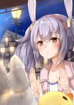  1girl against_glass ame. animal_ears azur_lane bangs blush brown_eyes building chestnut_mouth commentary_request eyebrows_visible_through_hair hair_between_eyes hairband headgear house jacket laffey_(azur_lane) lamppost long_hair long_sleeves looking_away night night_sky open_clothes open_jacket outdoors parted_lips pink_jacket purple_hair rabbit_ears red_hairband shirt sidelocks sky solo star_(sky) starry_sky stuffed_animal stuffed_bird stuffed_bunny stuffed_toy through_window twintails white_shirt window 