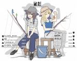  2girls alternate_costume blonde_hair brown_eyes brown_hair bucket butterfly crab fishing hat long_hair maribel_hearn multiple_girls one_eye_closed pants sandals shirt short_hair sigh smile tokoroten_(hmmuk) touhou usami_renko vest yellow_eyes 