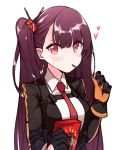  1girl bangs black_gloves blush closed_mouth eating food_in_mouth girls_frontline gloves hand_up heart long_hair looking_at_viewer necktie one_side_up purple_hair red_eyes red_neckwear simple_background solo tosyeo uniform upper_body wa2000_(girls_frontline) white_background 