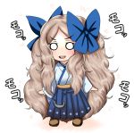 1girl :d absurdly_long_hair alternate_hair_length alternate_hairstyle asakaze_(kantai_collection) chibi commentary_request curly_hair hair_ribbon kantai_collection long_hair looking_at_viewer meiji_schoolgirl_uniform open_mouth ribbon silver_hair smile solo tk8d32 translation_request very_long_hair 