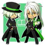  2boys belt black_coat black_hat black_neckwear black_pants blazblue cosplay dezel_(tales) formal full_body green_background green_coat green_hair grin hair_over_eyes hands_on_hips hat hazama hazama_(cosplay) long_hair looking_at_viewer male_focus multiple_boys pants simple_background smile suit takamine tales_of_(series) tales_of_zestiria tan twitter_username white_hair yellow_eyes yuuki_terumi yuuki_terumi_(cosplay) zaveid_(tales) 