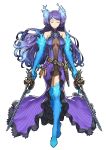  1girl absurdres blue_footwear blue_gloves blue_hair boots breasts cleavage closed_eyes collarbone dress dual_wielding elbow_gloves floating_hair full_body gloves highres holding holding_sword holding_weapon kagutsuchi_(xenoblade_2) knife long_hair medium_breasts multicolored_hair navel purple_dress purple_hair school_uniform sheath simple_background sleeveless sleeveless_dress smile solo standing sword thigh-highs thigh_boots two-tone_hair very_long_hair weapon white_background xenoblade xenoblade_2 