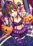  1girl bare_shoulders blue_eyes blush breasts brown_hair cleavage cupcake food halloween_basket halloween_costume highres idolmaster idolmaster_million_live! idolmaster_million_live!_theater_days jack-o&#039;-lantern joey_koguma long_hair looking_at_viewer medium_breasts navel open_mouth ponytail satake_minako smile solo thigh-highs 